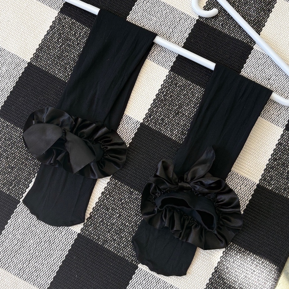 Ruffled Satin Trim Thigh High Opaque Stockings